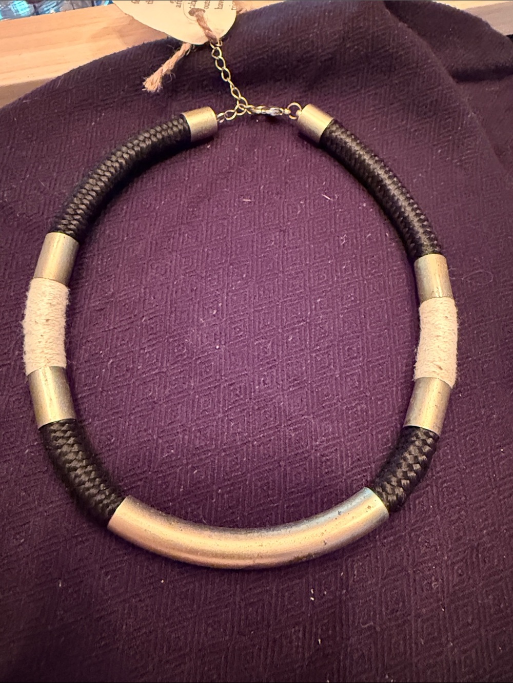 Black Braided Tube Necklace with Gold Accents